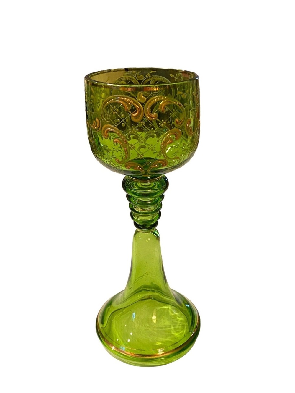 Moser Harrach Bohemian Blown Wine Alsace Green Gold Goblet Open Stem Approx 8”